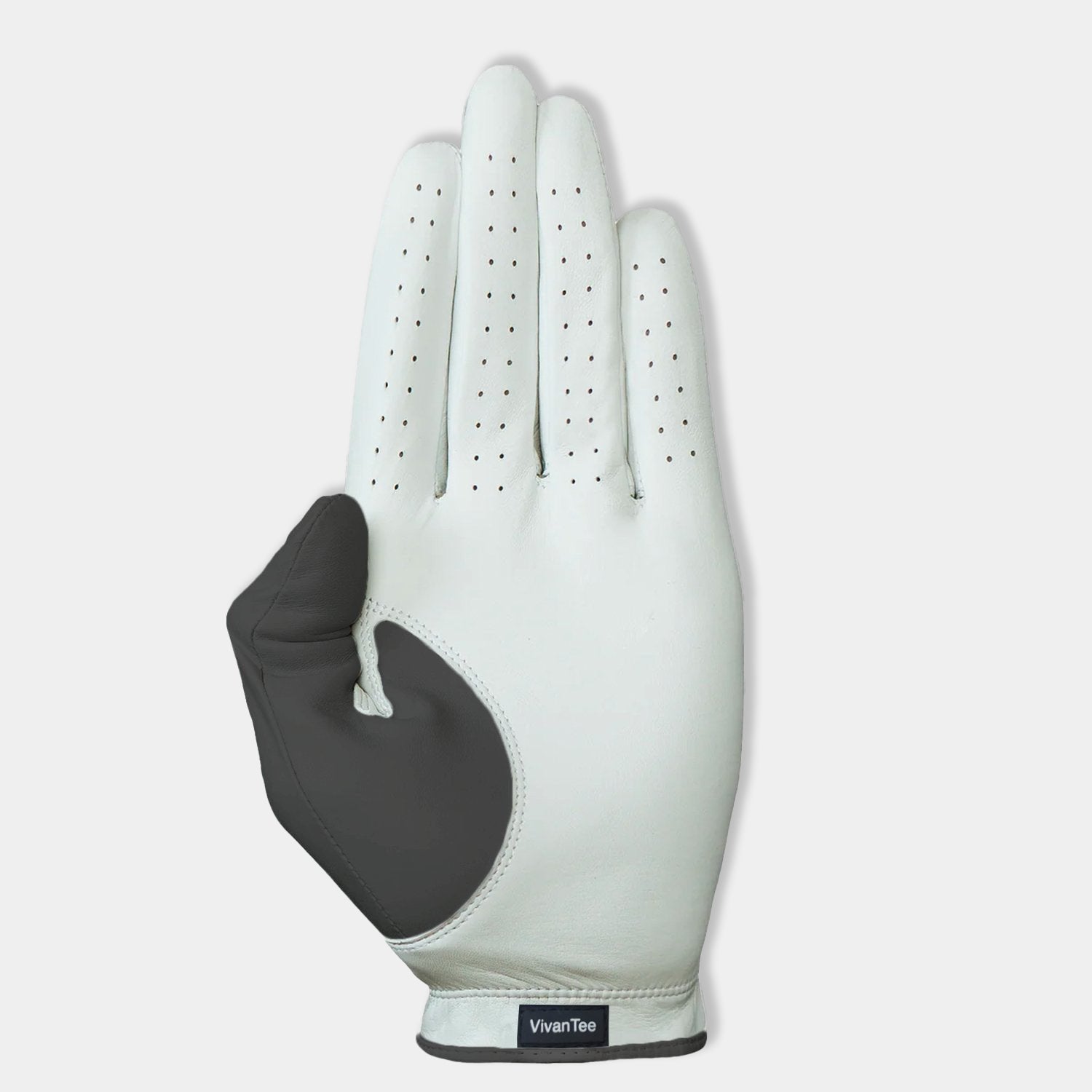 Bottom of charcoal and white colored golf glove for men, with VivanTee logo.