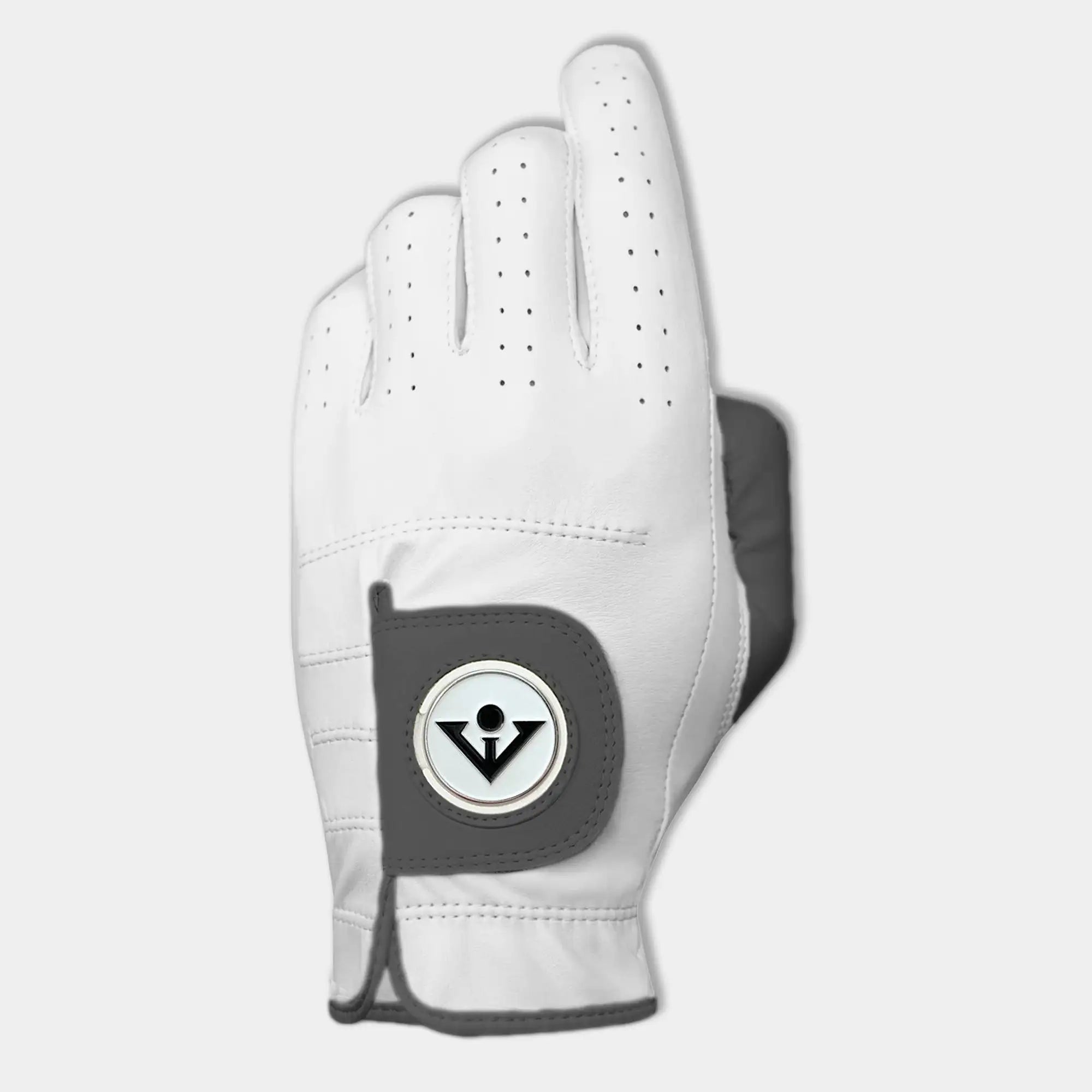 White and gray Golf glove with gray pull tab and thumb, for women. Women's Designer Golf Gloves