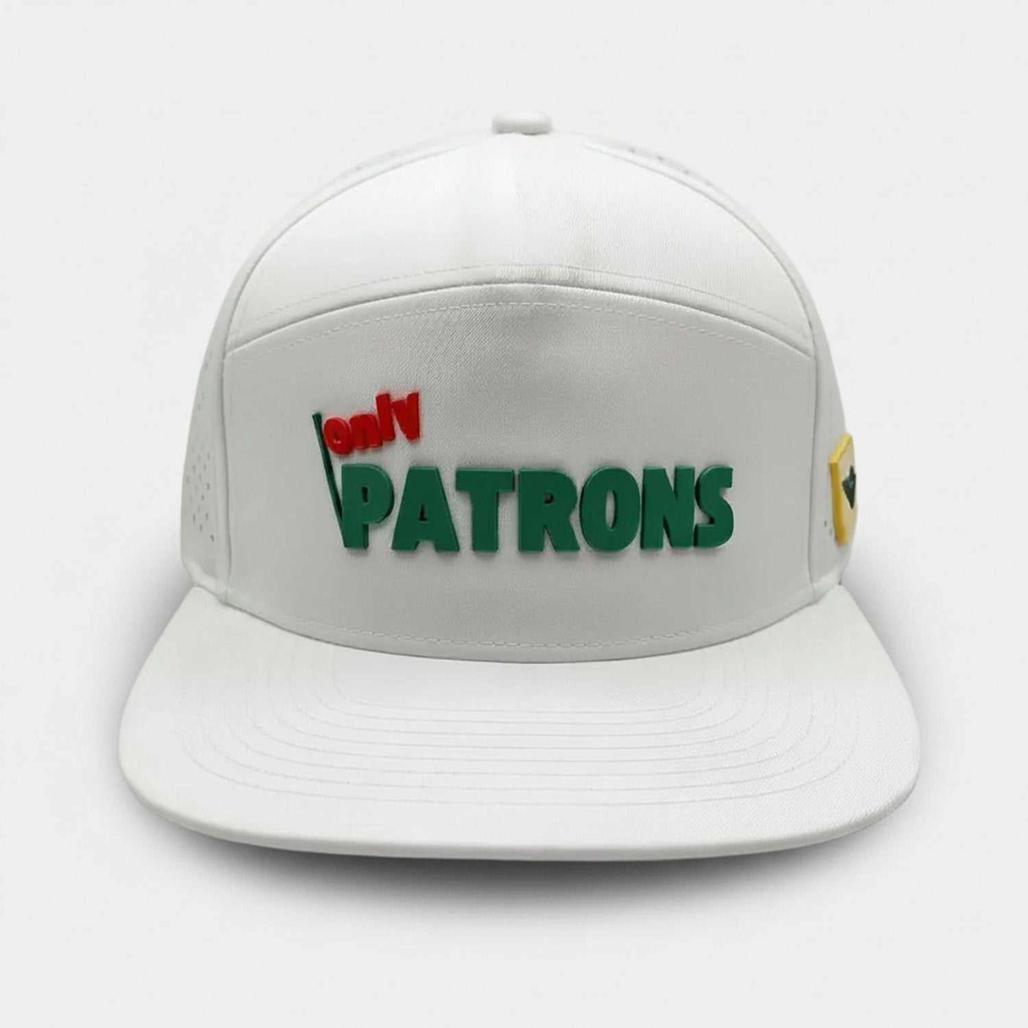 White flat bill performance golf cap with 'only PATRONS' text on a gray background