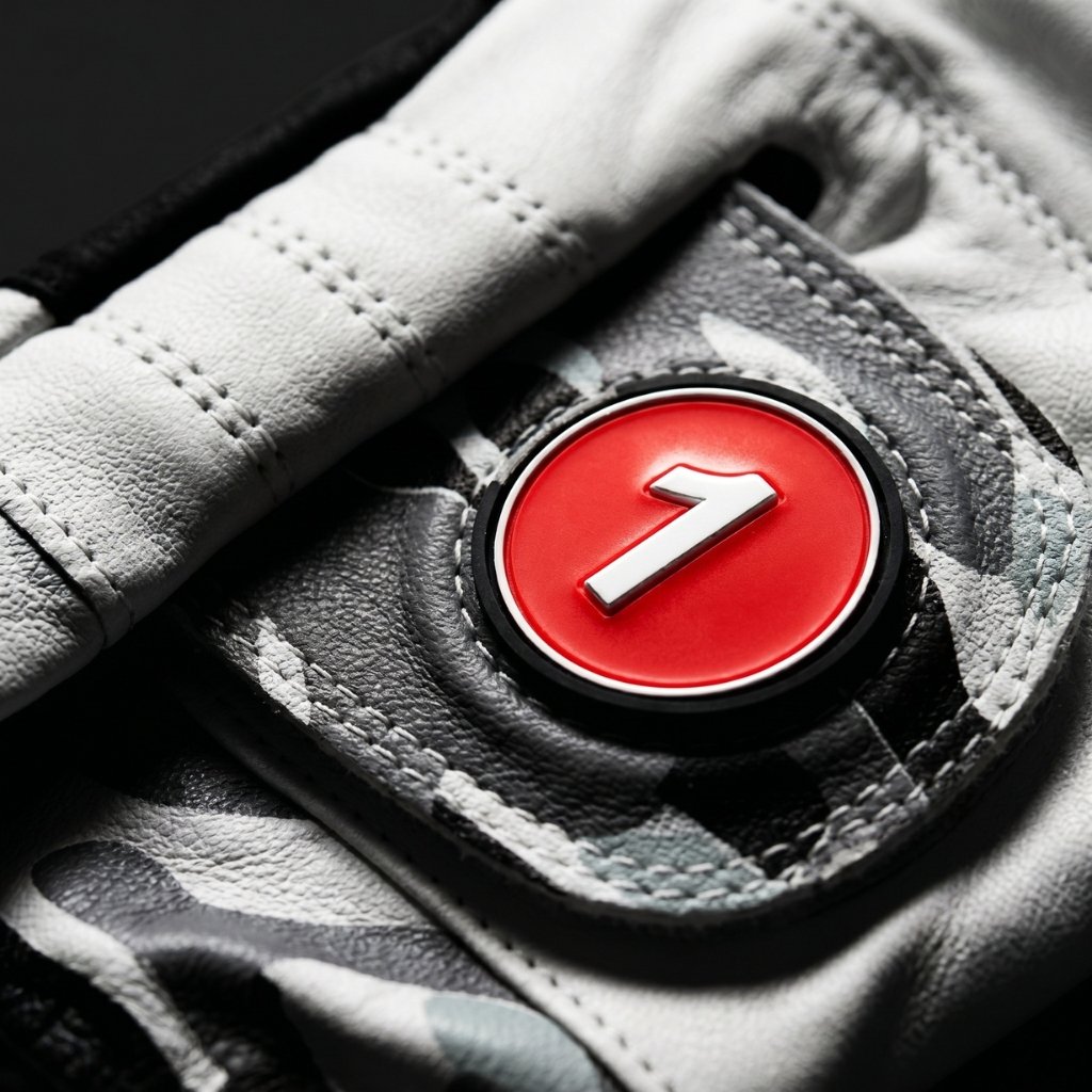 Camouflage-patterned golf glove with a black magnetic cavity on a black background.
