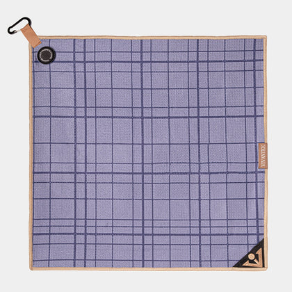 Blue checkered magnetic golf towel with brown border and VivanTee golf logo on white background.