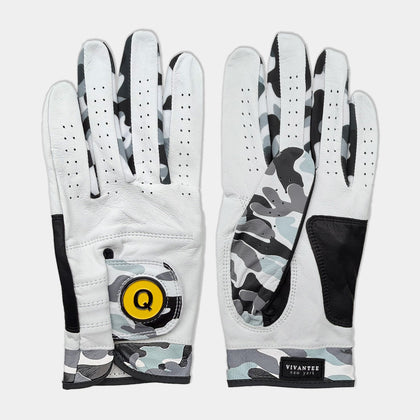 Pair of men's ghost camo golf glove with a red magnetic ball marker laid down showing the camo design on front and back of the golf glove.