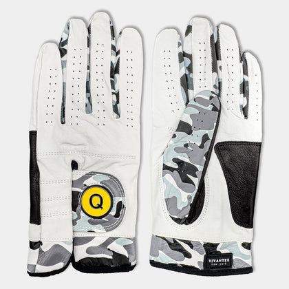 Pair of men's ghost camo golf glove with a red magnetic ball marker laid down showing the camo design on front and back of the golf glove.