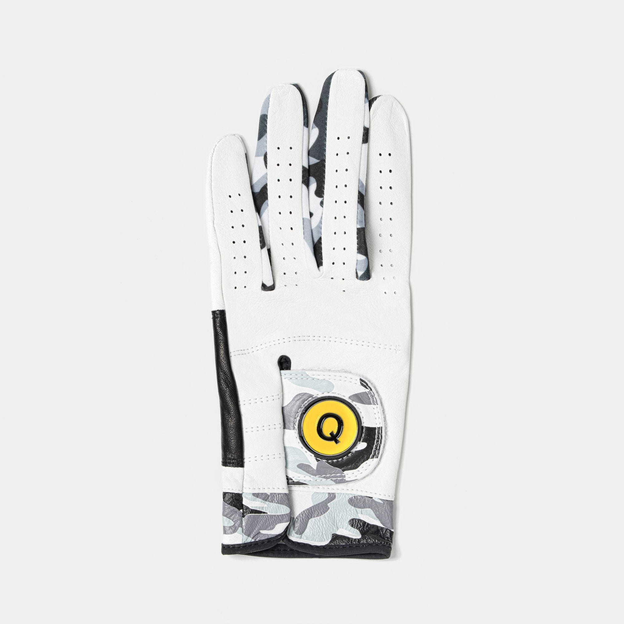 Women's camo golf glove with magnetic ball marker in white and black.  