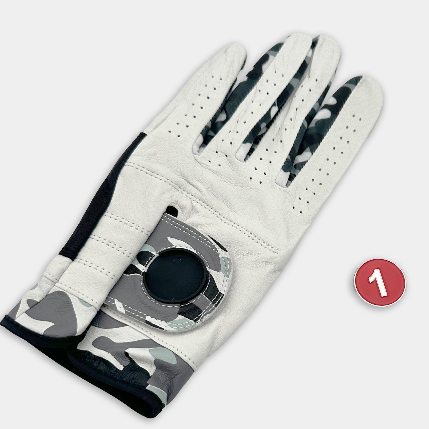 White golf glove with camouflage pattern on a white background with magnetic ball marker out of the cavity.
