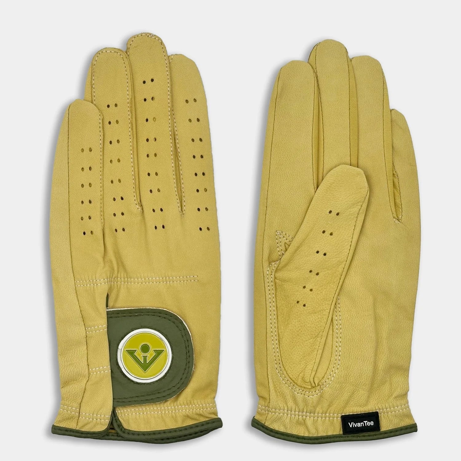 Mustard yellow and green golf glove for men laying wide by side showing top and bottom.