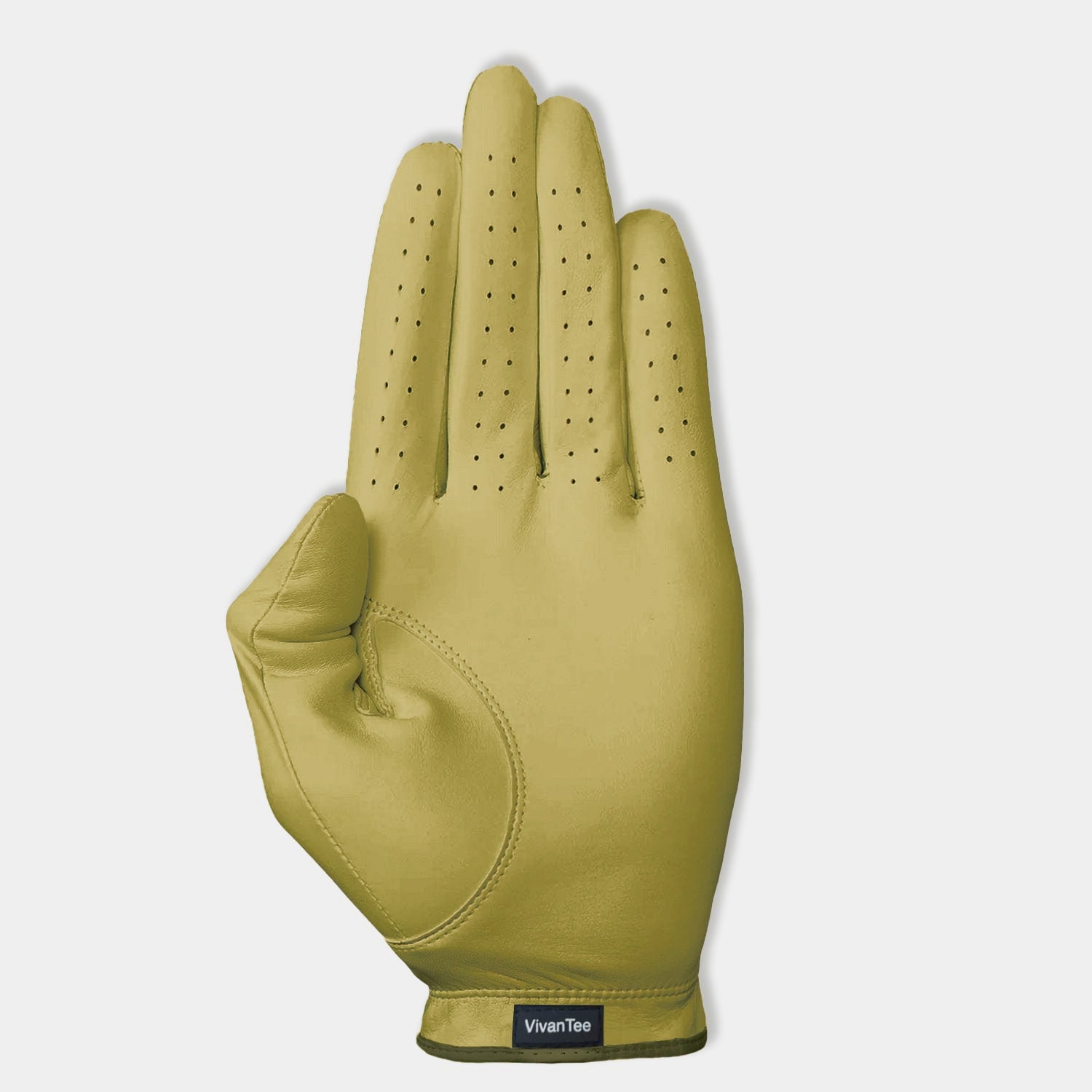 Yellow golf glove for women, showing the palm and VivanTee logo on bottom.