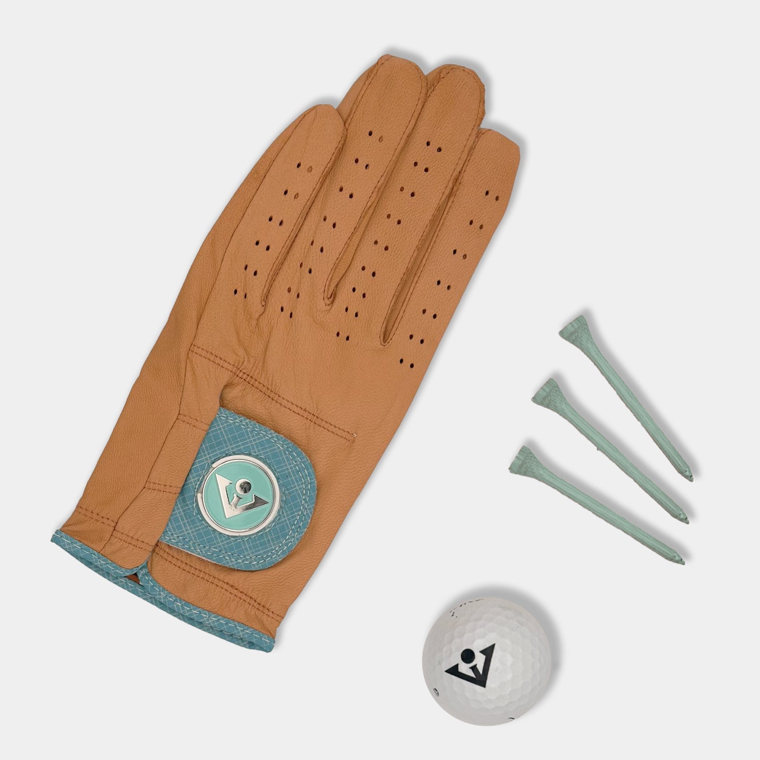 Men's blue and orange golf glove with tees and a ball with VivanTee logo laid next to it.