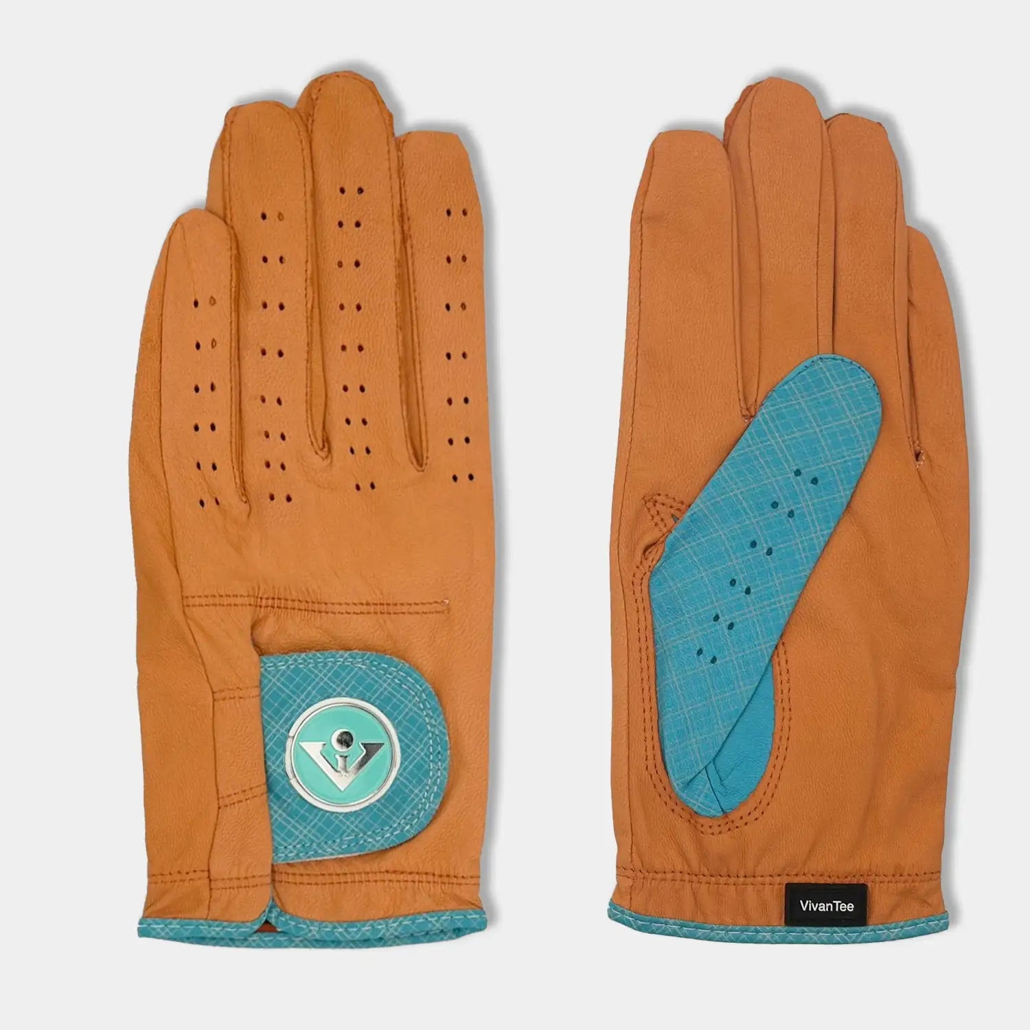 Orange and blue golf glove for men laying down showing top and bottom of the vibrant colors.