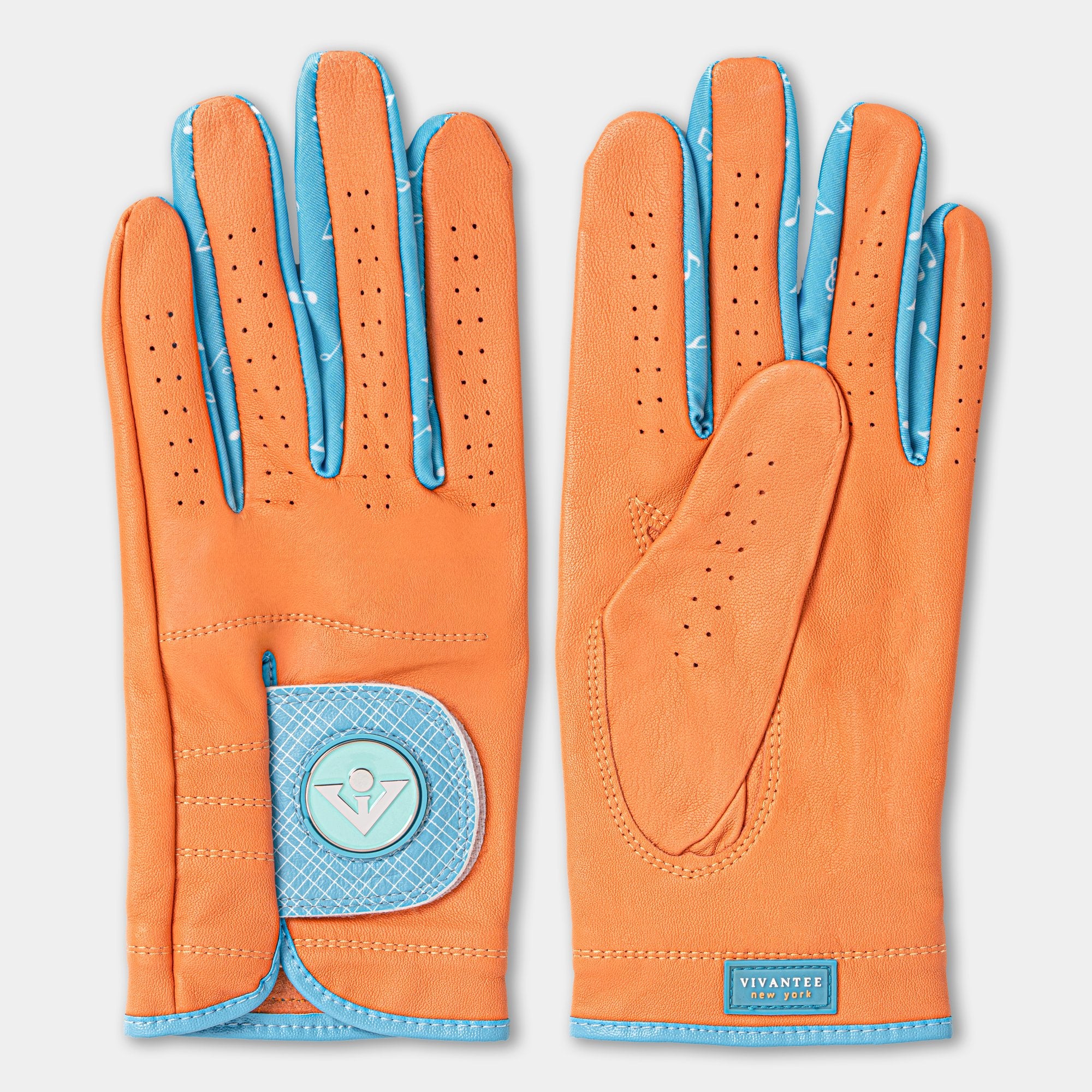 Orange and blue golf glove for men laying down showing top and bottom of the vibrant colors.