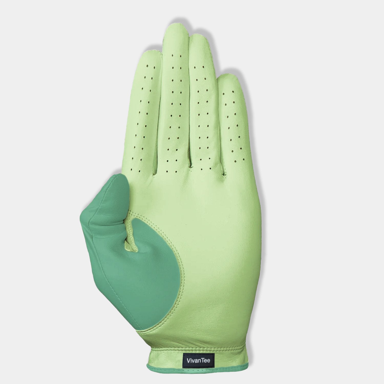 Green Golf Glove for men showing bottom with palm and VivanTee logo.