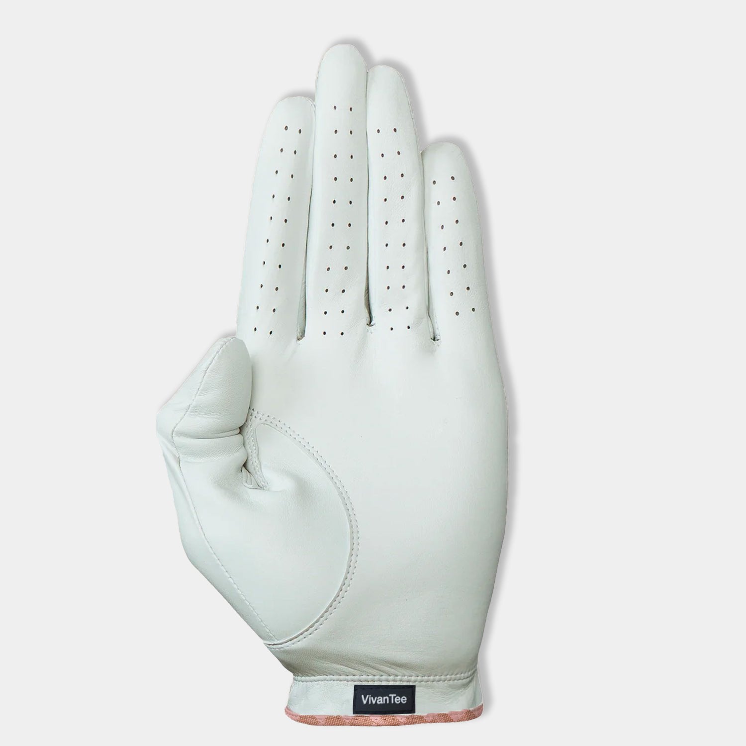 Men's pink golf glove bottom, showing bottom and palm with VivanTee logo.