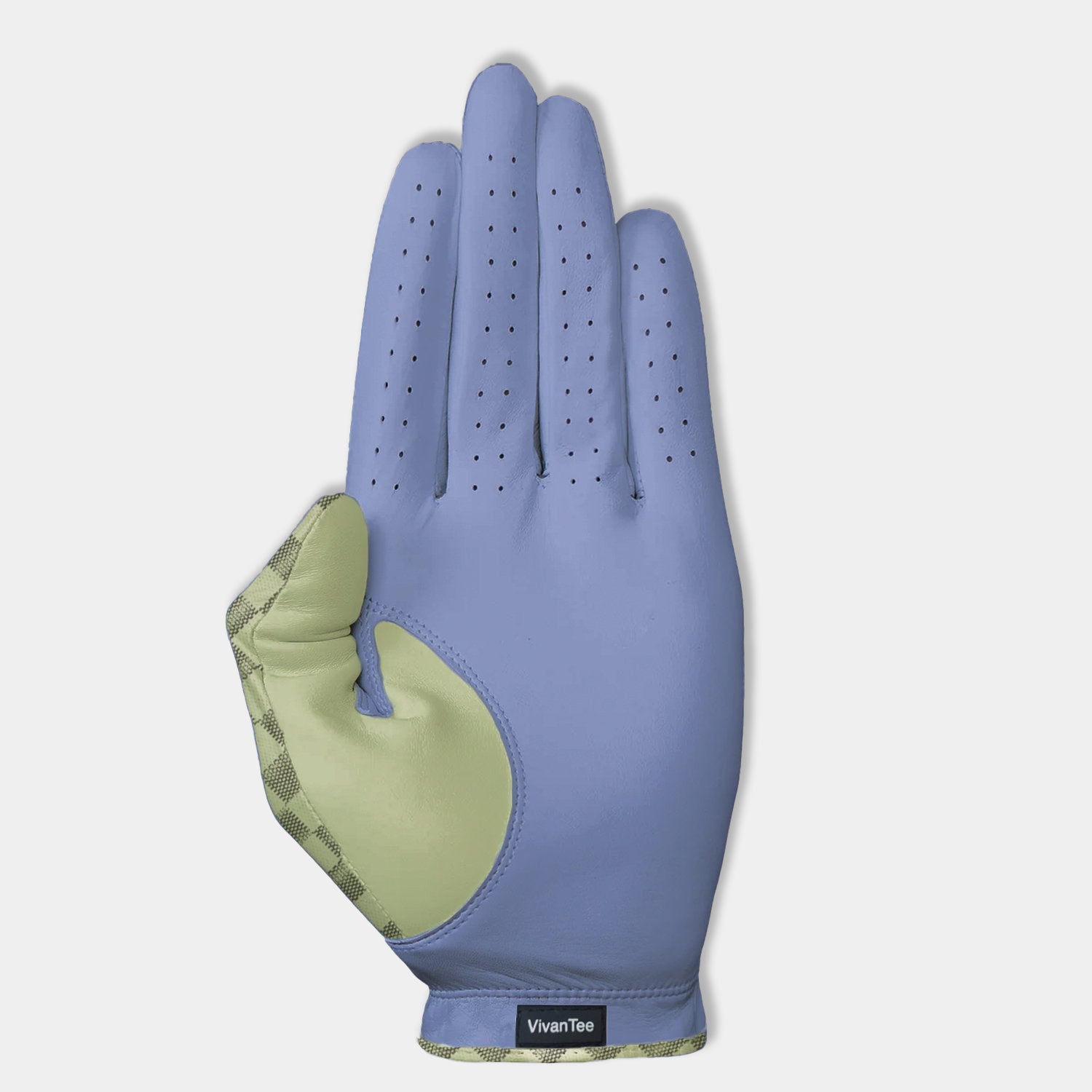 Bottom of lavender golf glove for men showing palm and VivanTee Logo