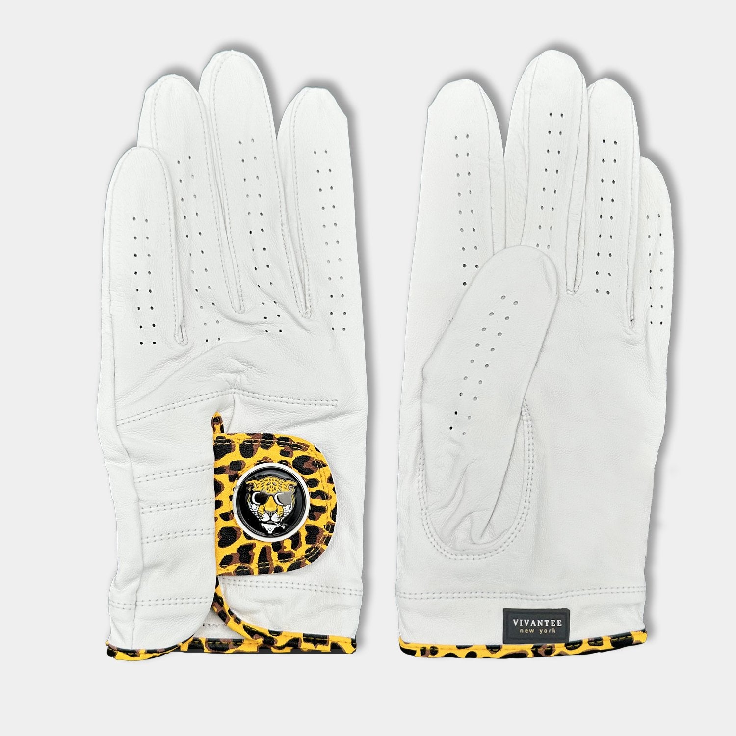 men's Cheetah print golf glove by VivanTee laid out showing front and back of the design with our "cool cat" magnetic ball marker.