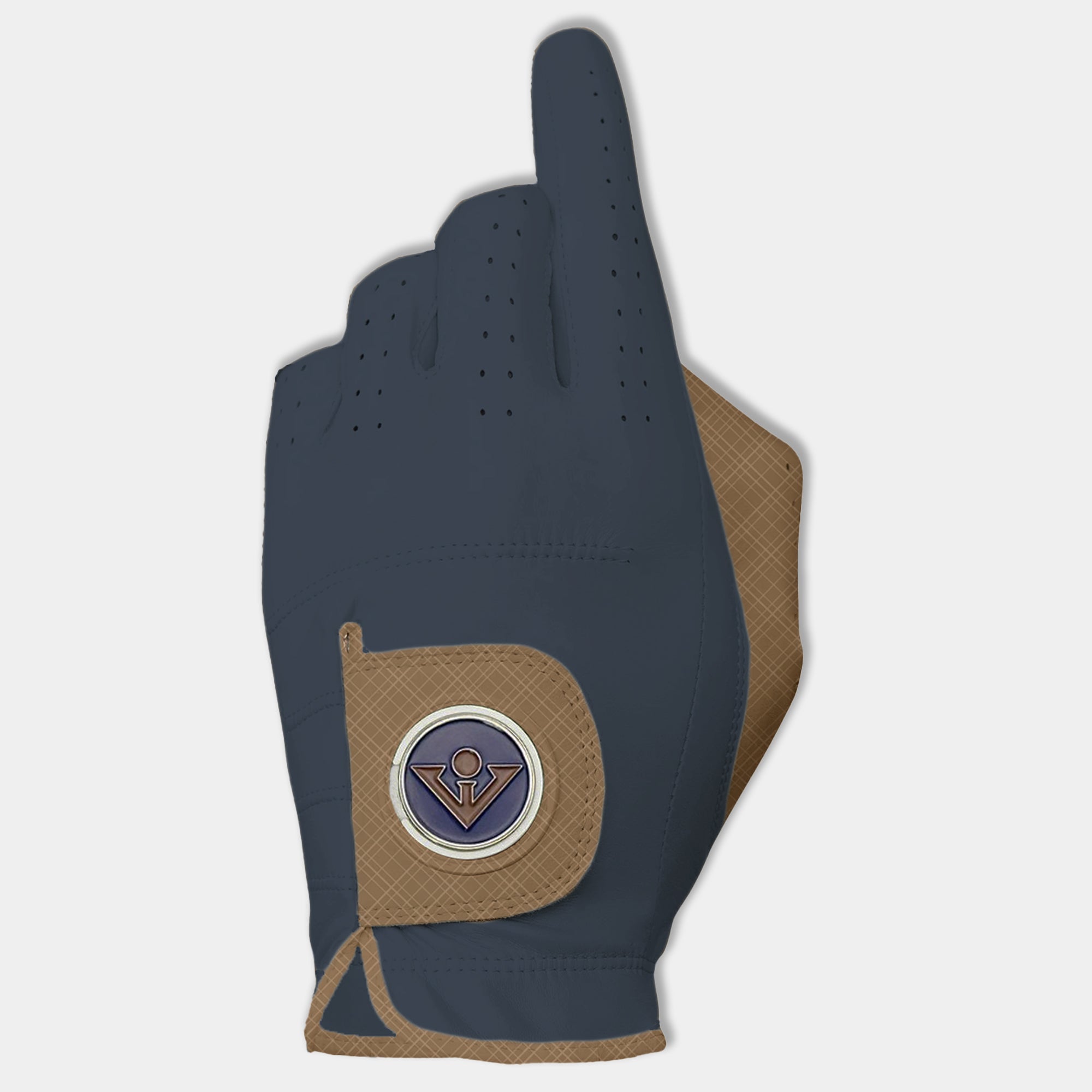 Men's Navy Blue Golf Glove with brown accents.