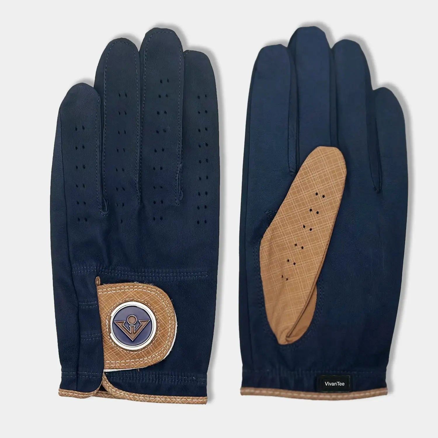 Navy blue and brown golf gloves for men with ball markers, picture taken of gloves laying down from over the top.