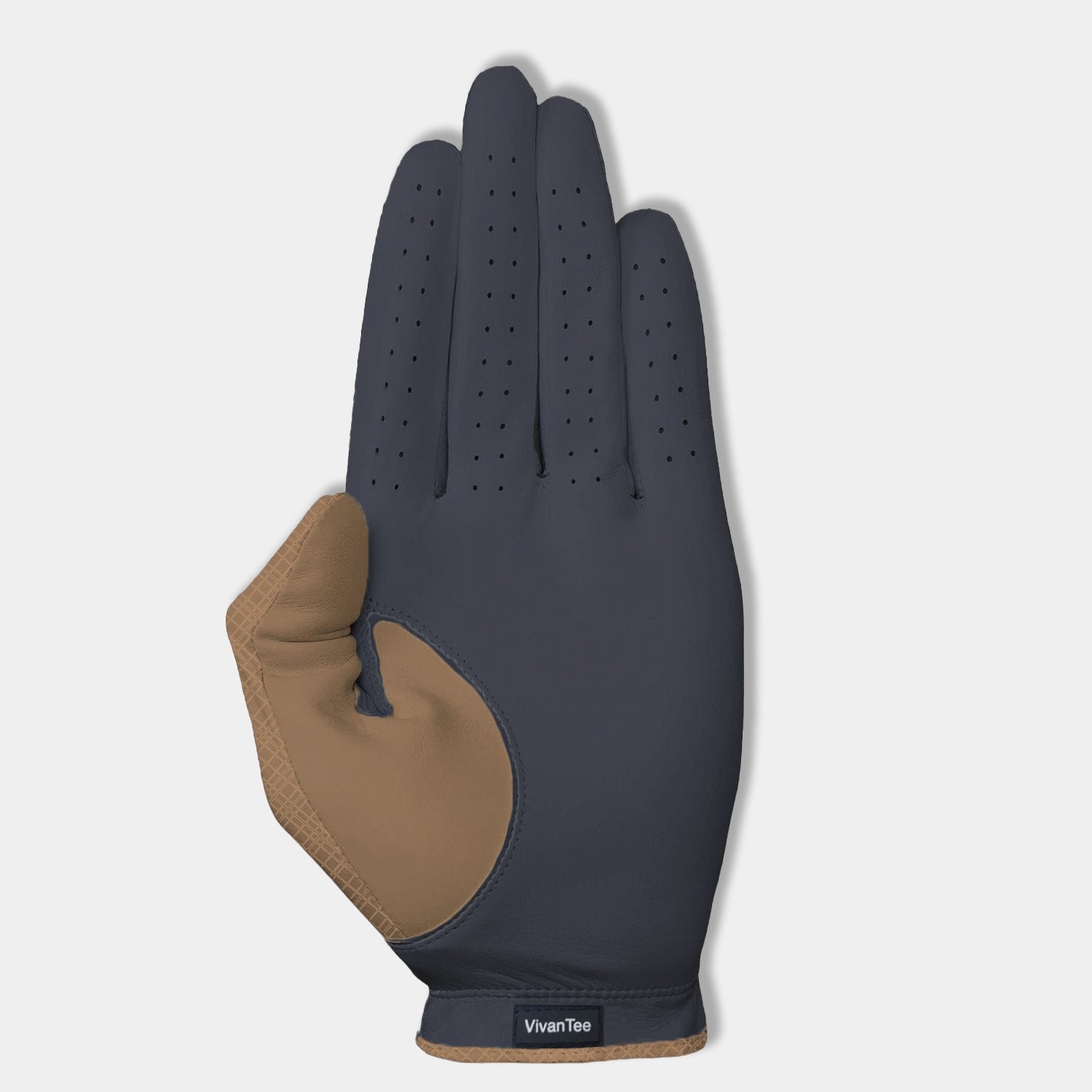 Bottom of golf glove in navy blue and brown.