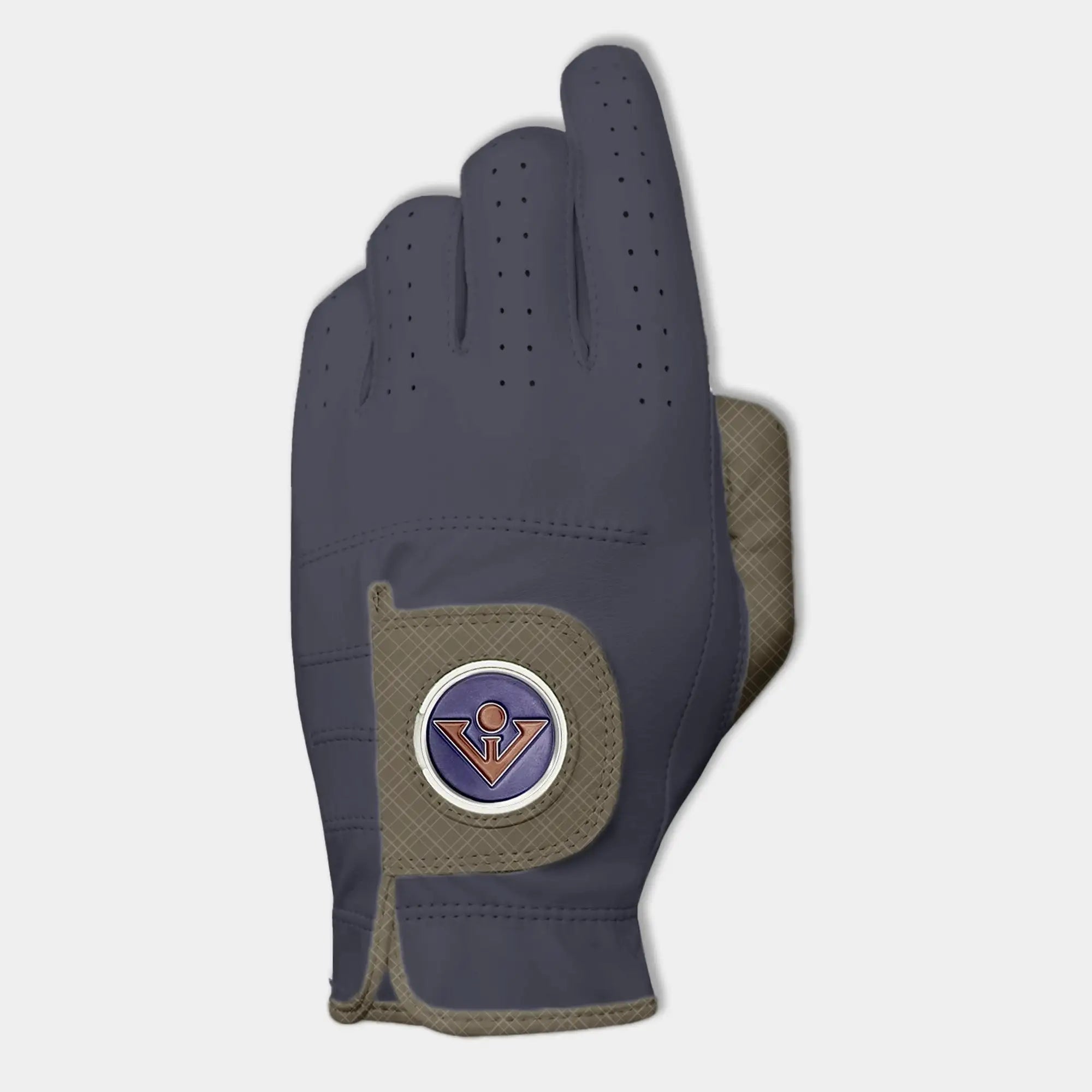 Women's Blue Golf Glove with Brown Pull Tab and Brown Thumb.