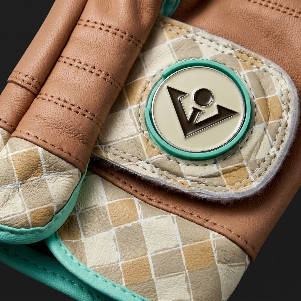 Brown golf glove with magnetic ball marker and checkered pattern, close up with dark background.