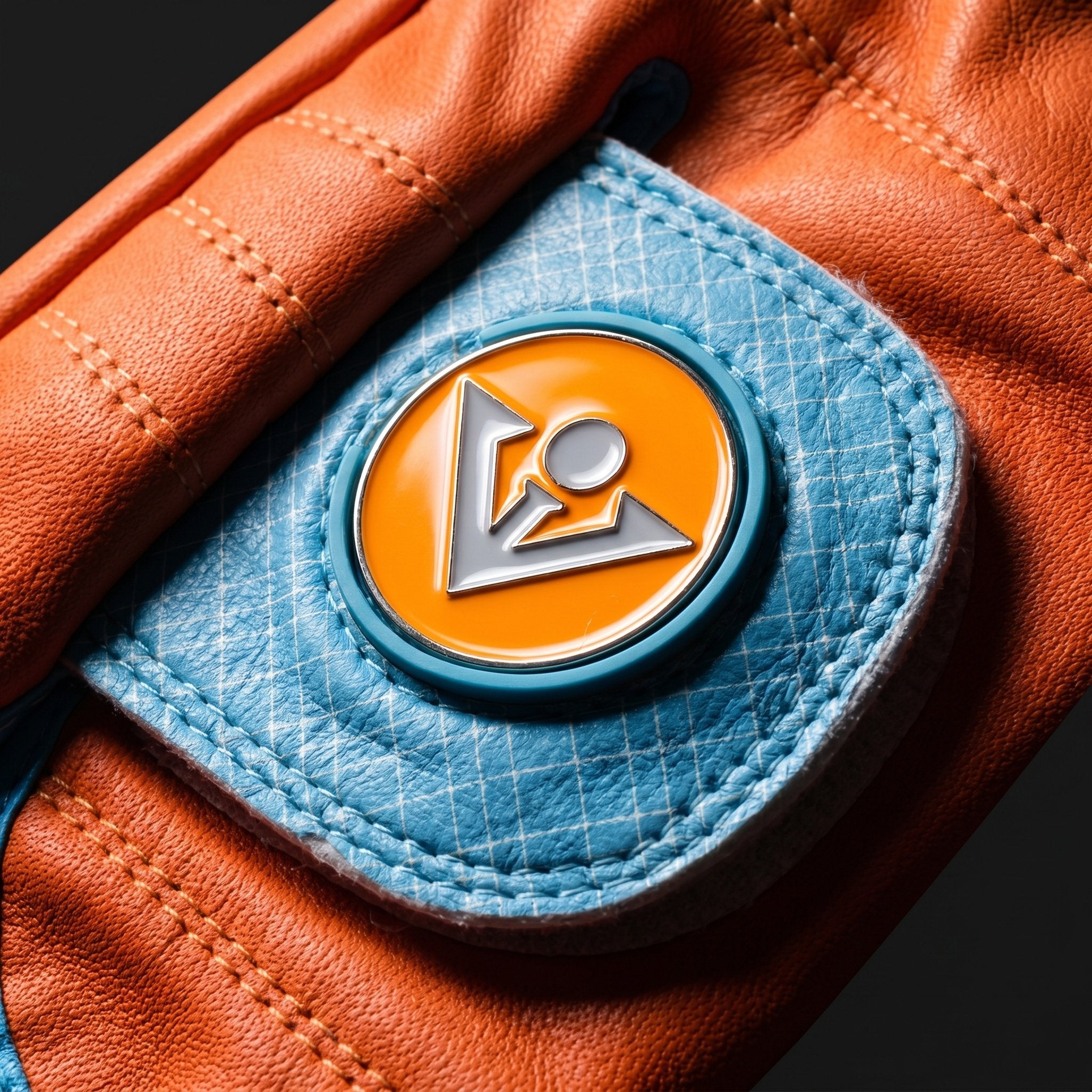 Close up of a magnetic ball marker on an orange golf glove. 