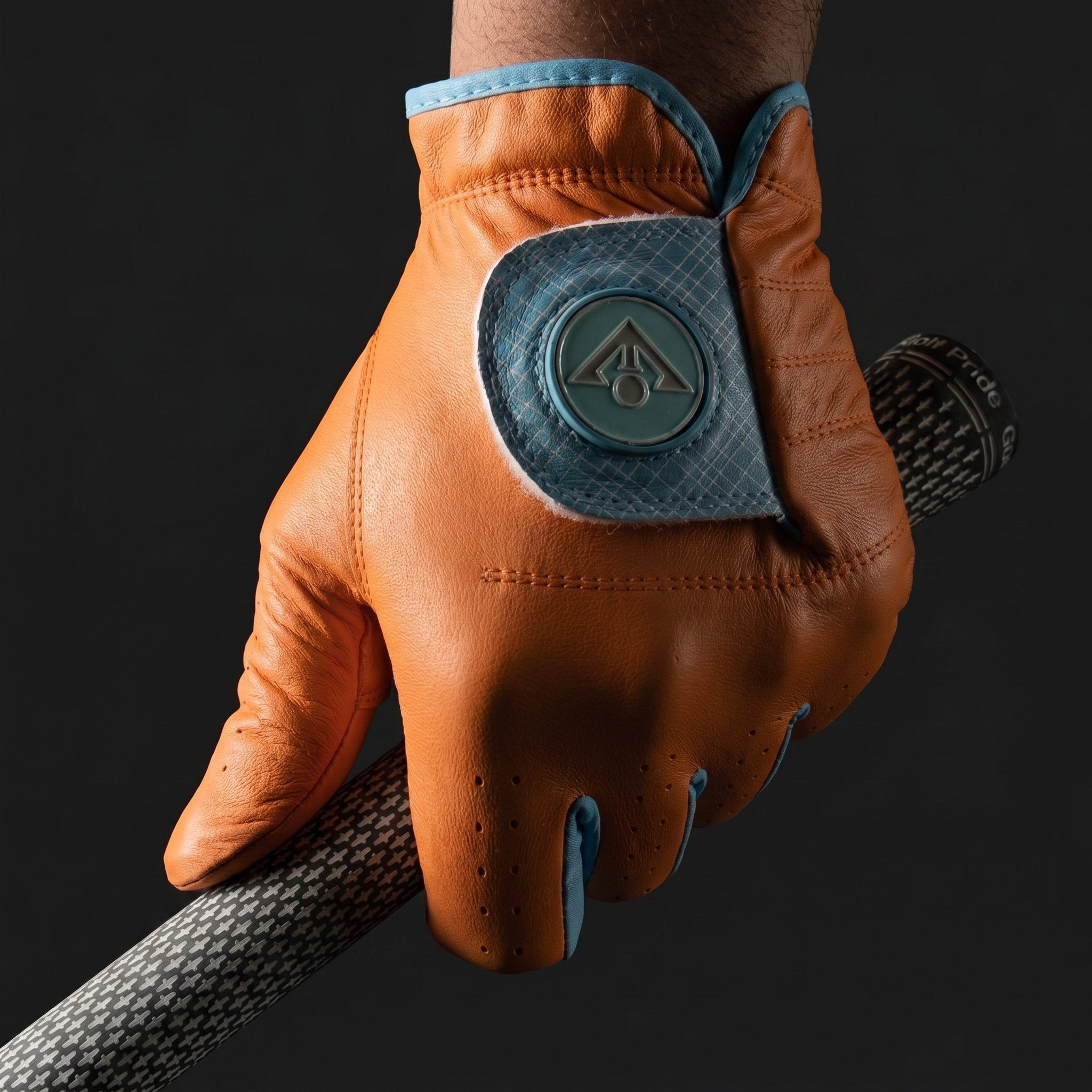 Orange golf glove with magnetic ball marker in blue, holding a golf club with a dark backdrog.  