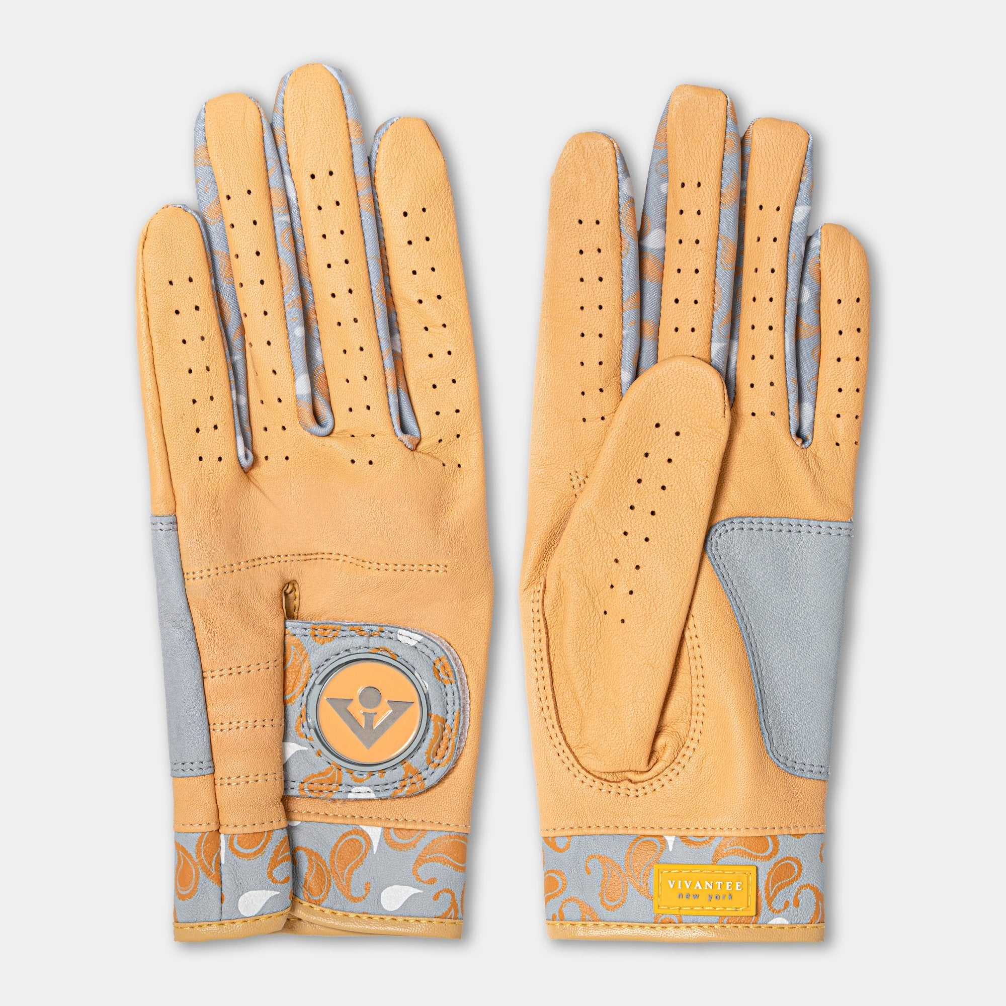 Men's premium gold golf gloves with paisley pattern and magnetic ball marker by VivanTee Golf.