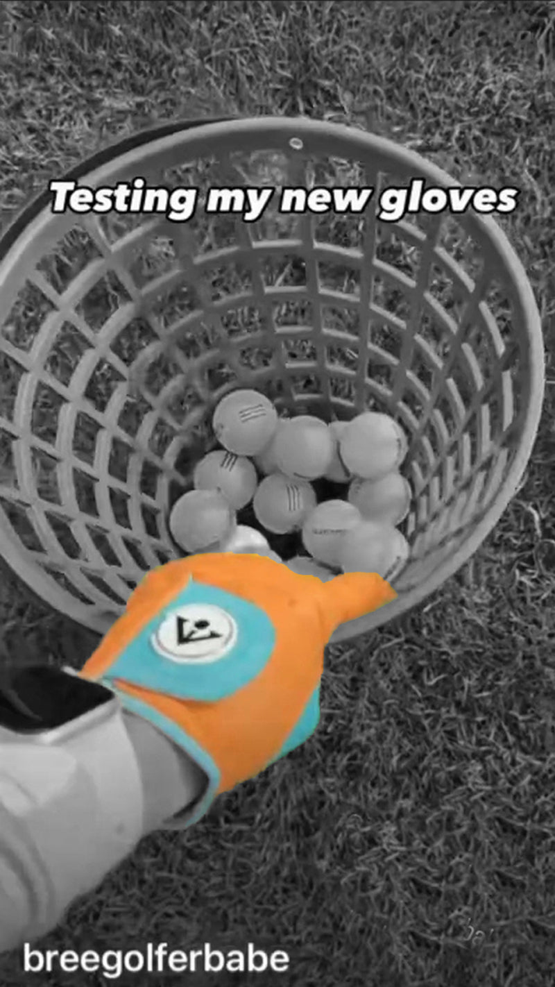 Video of golfer doing various things from picking out her unique golf glove to hitting balls on the range.  