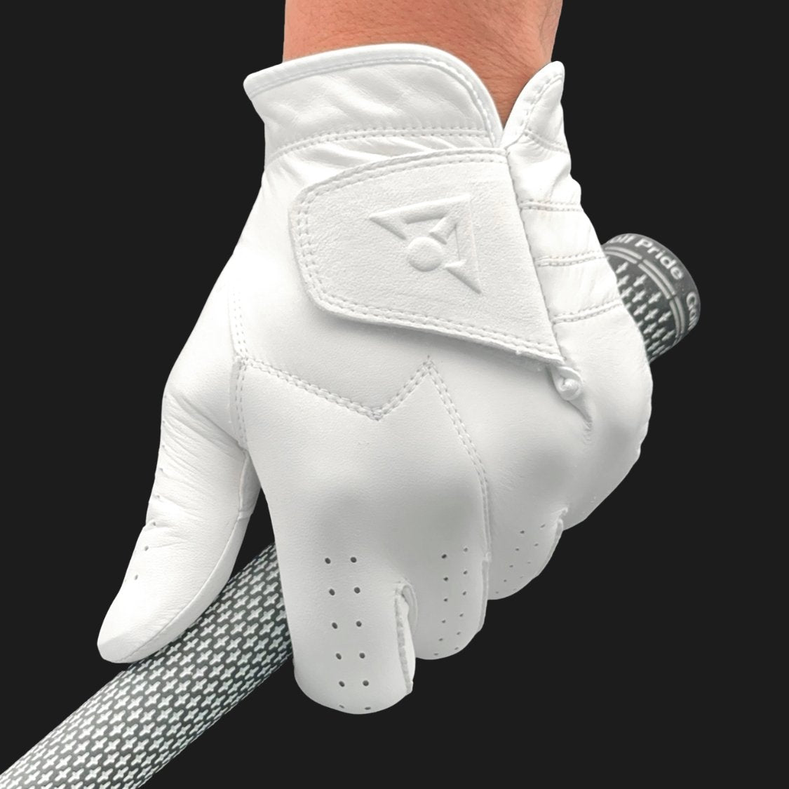 Pure white golf glove by VivanTee Golf showing premium leather close up gripping a golf club.