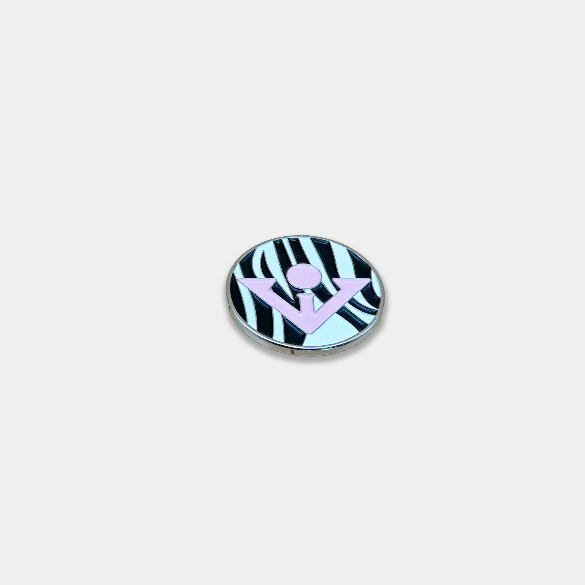 Safari Spotter, Zebra printed magnetic golf ball marker with pink VivanTee logo.