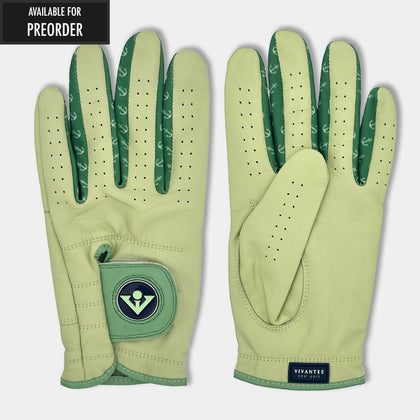 Seafoam Green designer golf glove with two levels of green on thumb and patch, in a black background to show the unique qualities and vibrant colors.