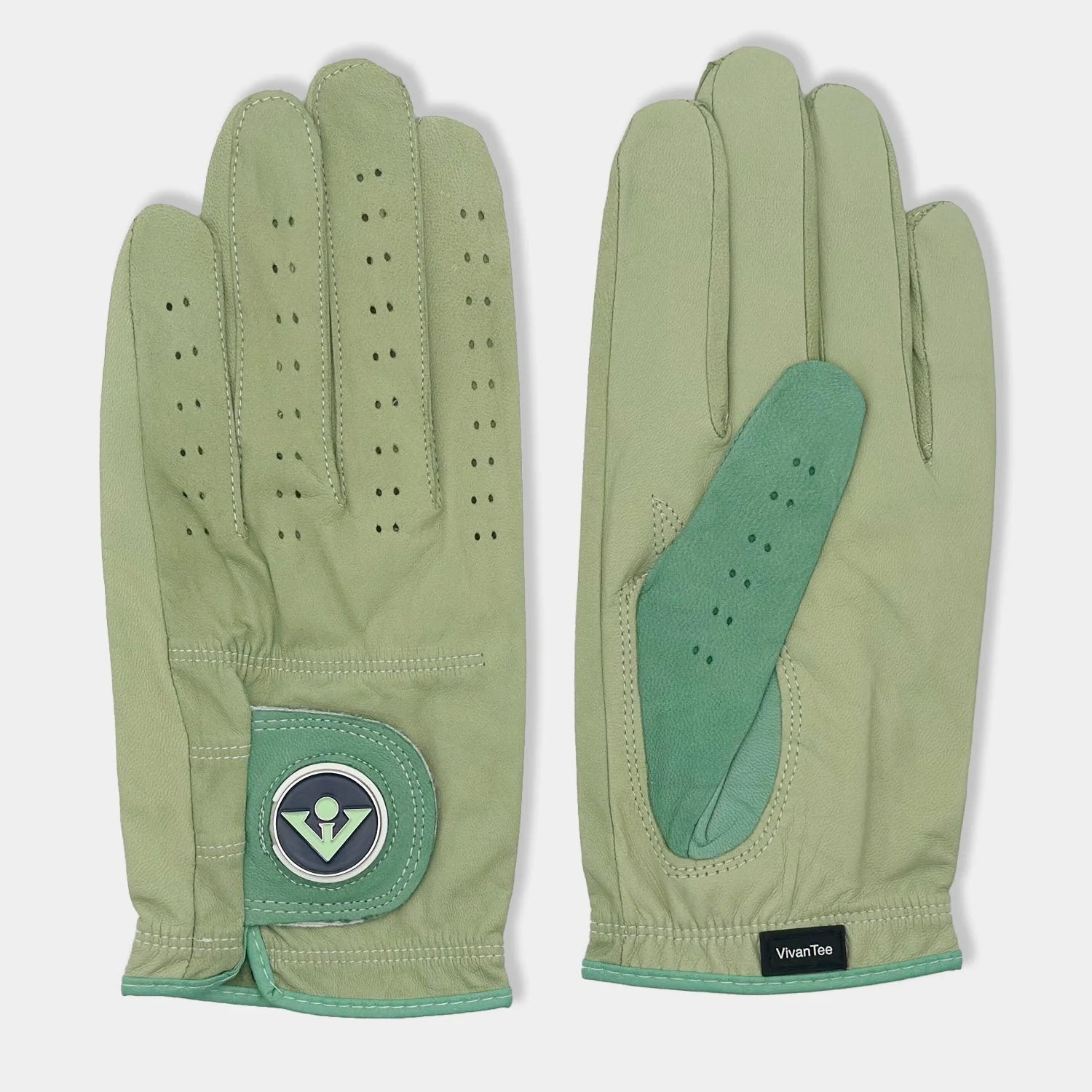Seafoam Green designer golf glove with two levels of green on thumb and patch, in a black background to show the unique qualities and vibrant colors.