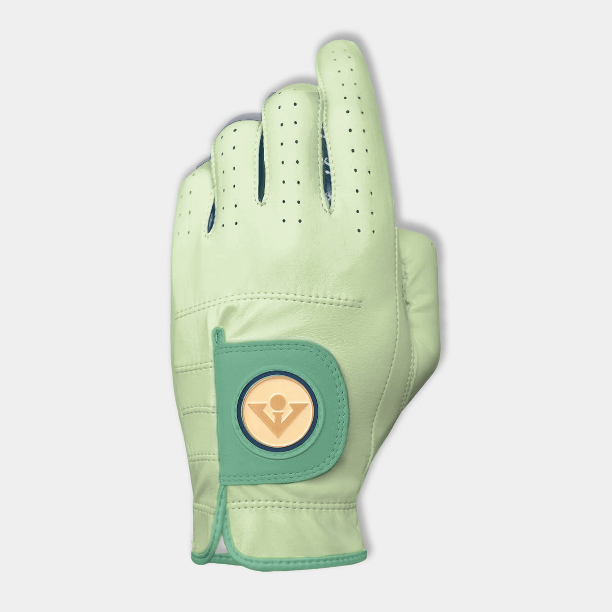 Light green golf glove with a VivanTee ball marker on a white background.