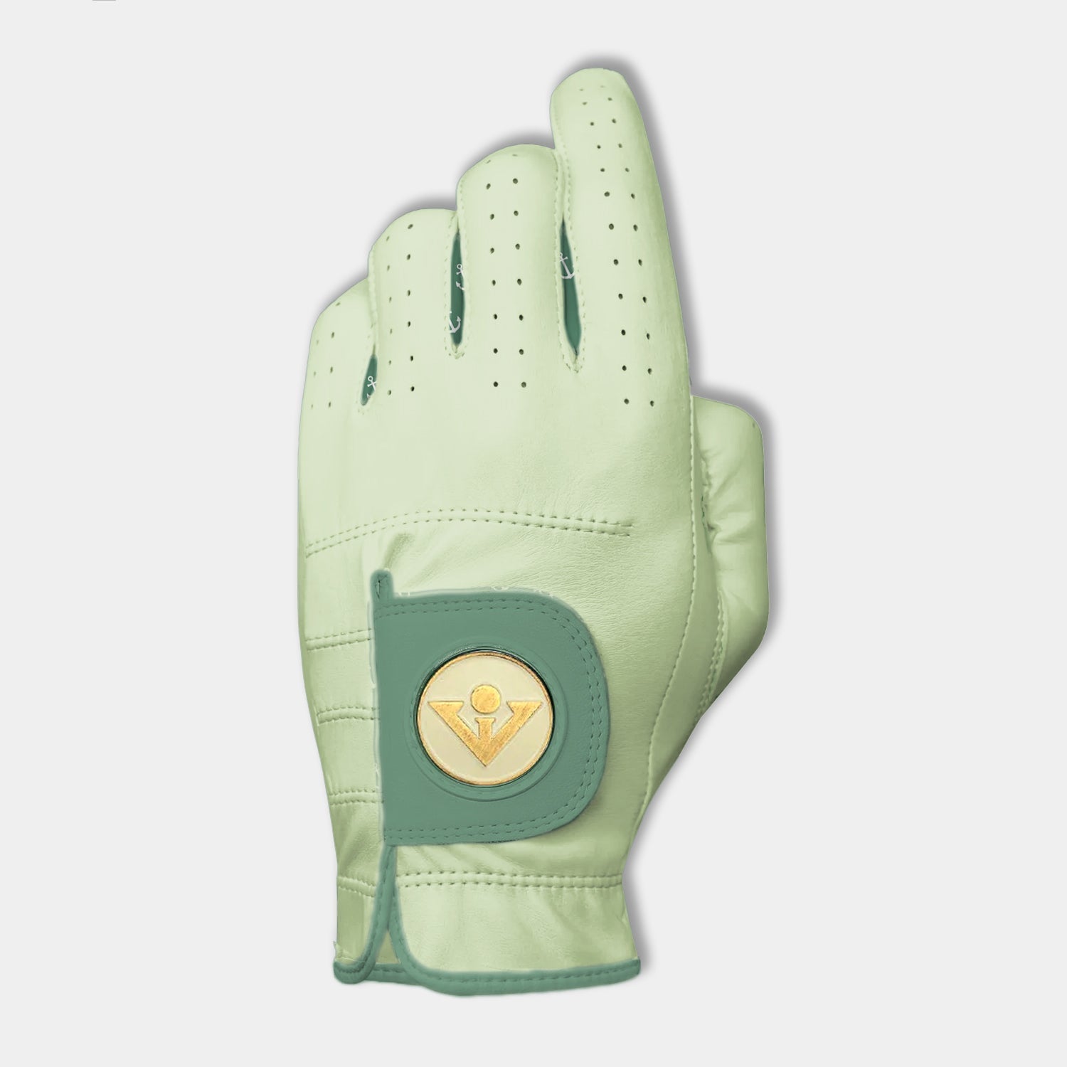 Light green golf glove with a VivanTee ball marker on a white background.