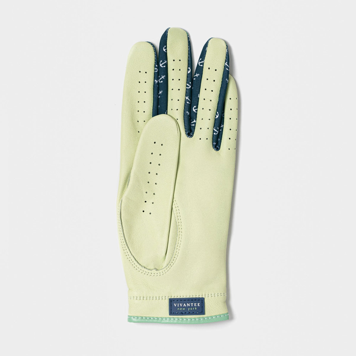 Light green glove with dark green pattern on a white background