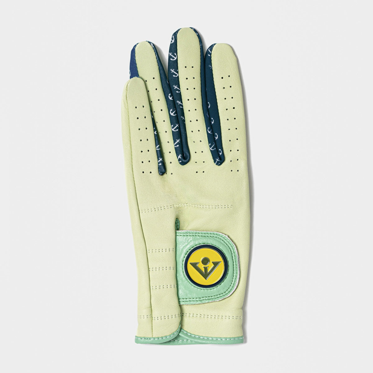 Light green golf glove with a logo on a white background