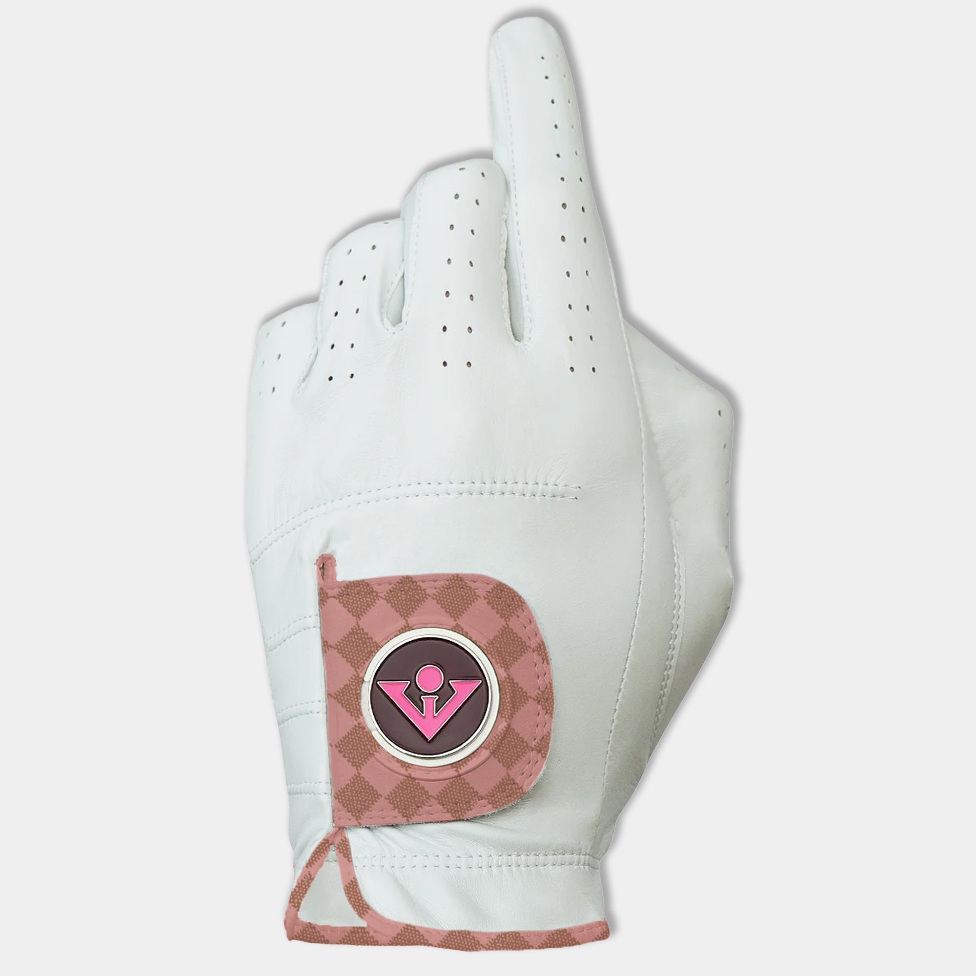 Pink golf glove mens, with checkered maroon tab and a white leather on the body.