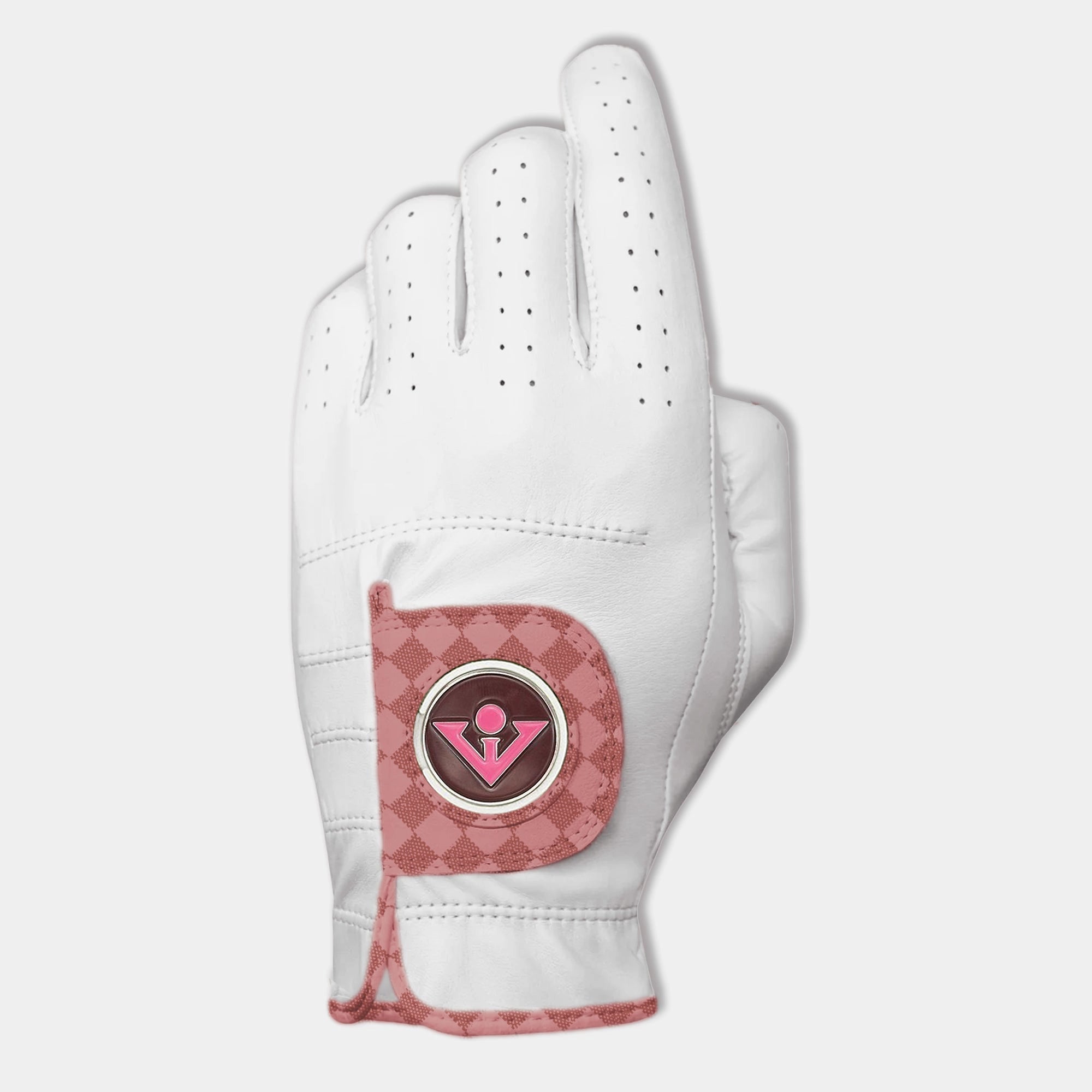 Women's pink Golf glove with checkered pull tab, designer golf gloves for women.