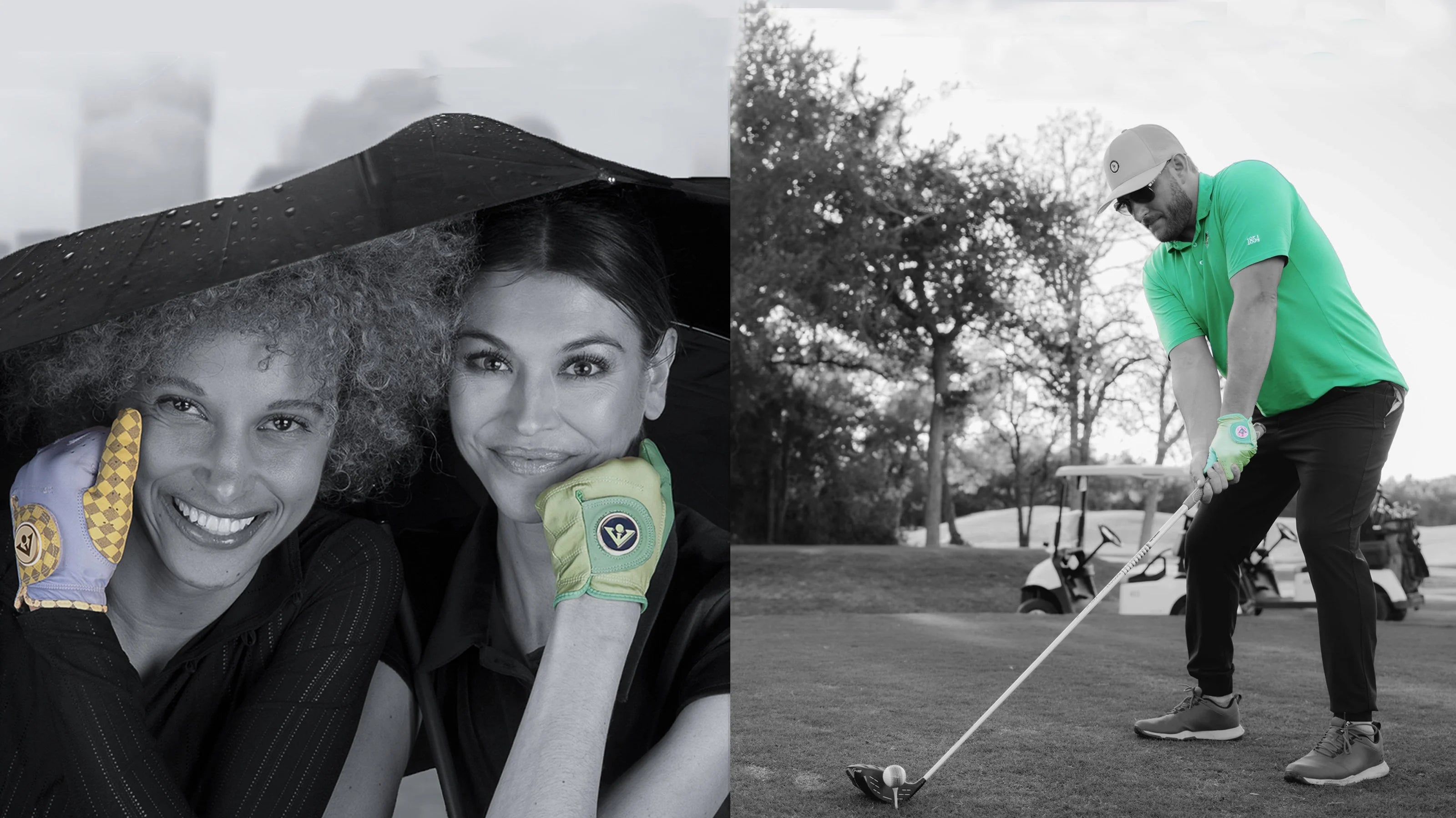 Two women under an umbrella wearing unique VivanTee golf gloves with ball markers; to the right, a man in a green shirt and matching golf glove prepares to tee off.