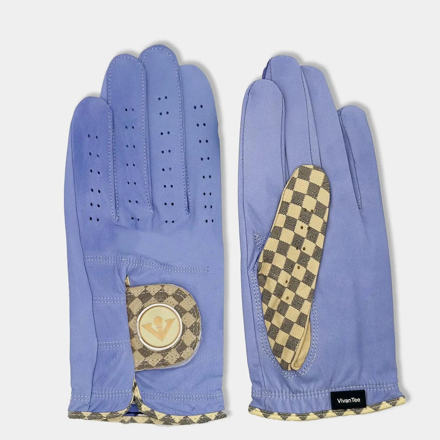 Men's Purple golf glove with tan checkered thumb and pull tab patterns, view of the top with magnetic ball markers and bottom of golf glove. 