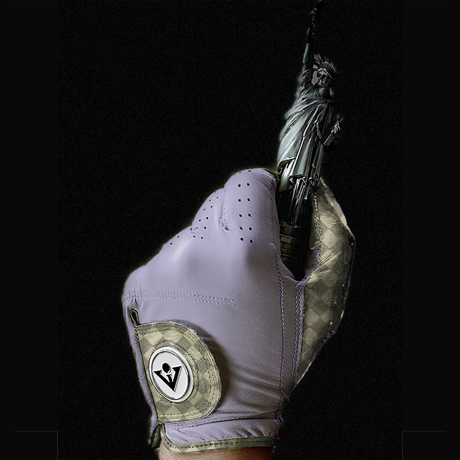 Purple golf glove holding up statue of liberty.