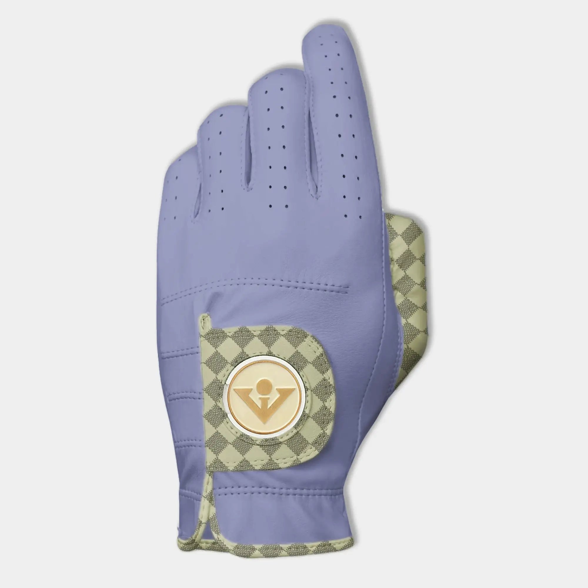 Women's Purple golf glove with lavendar and tan checks. Designer purple golf glove for women.