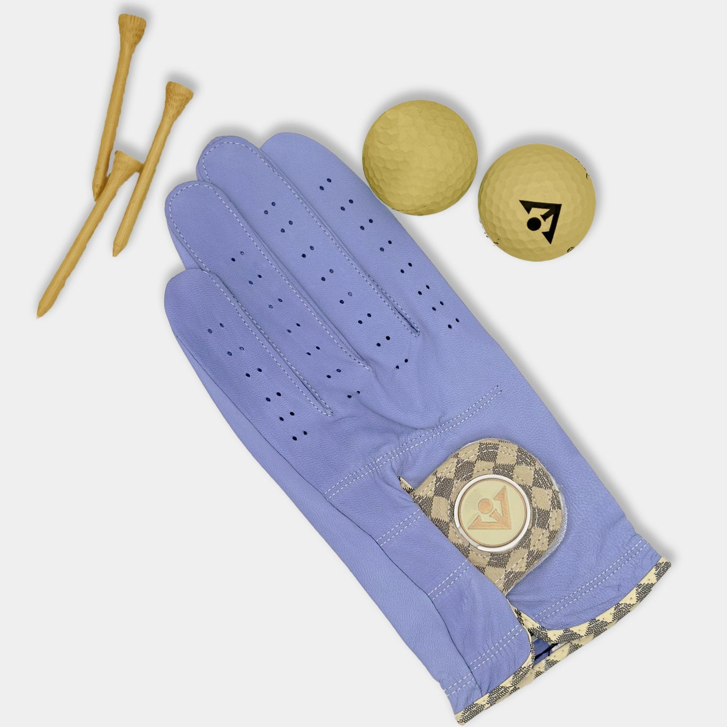 Women's Purple golf glove with lavendar and tan checks. Designer purple golf glove for women.
