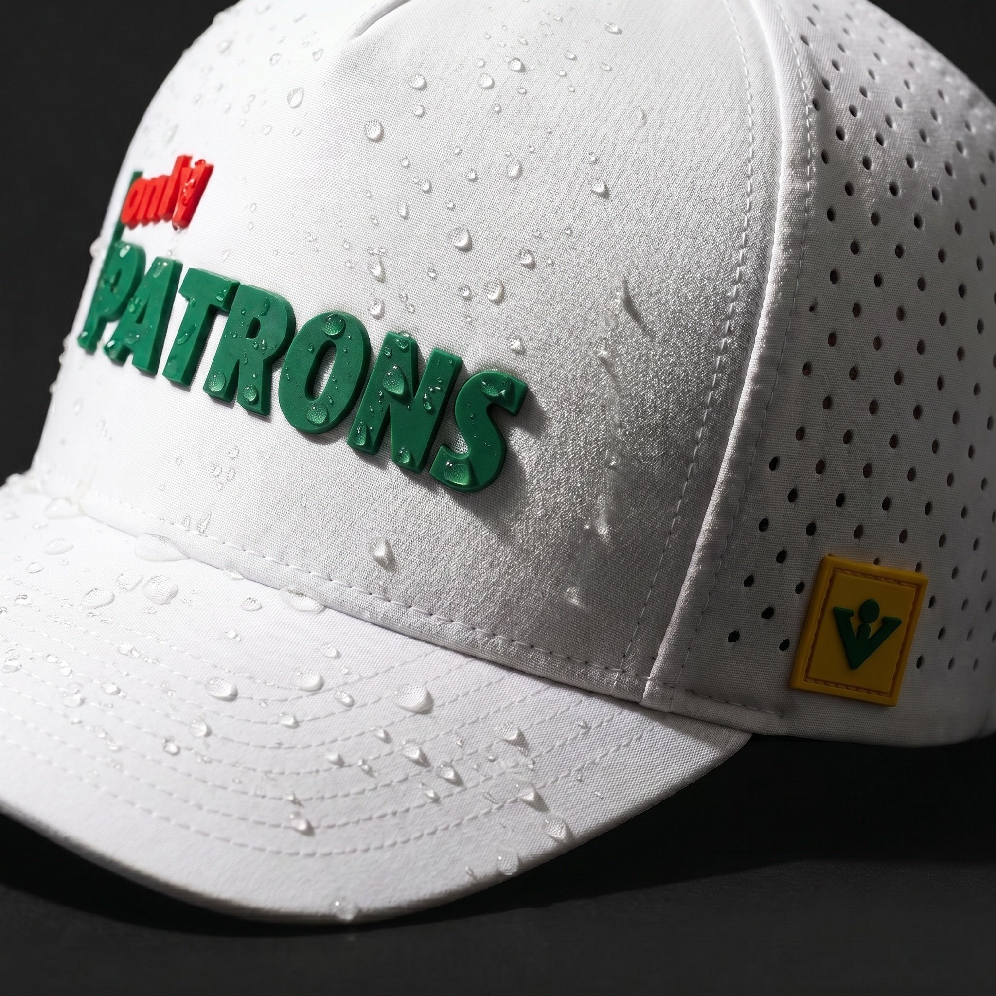 Water resistant White cap with 'Only Patrons' text and a logo on a dark background