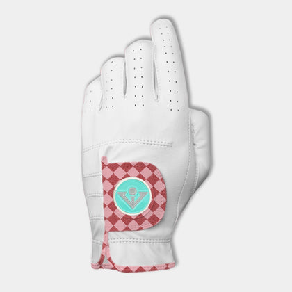 Women's pink Golf glove with checkered pull tab, designer golf gloves for women.