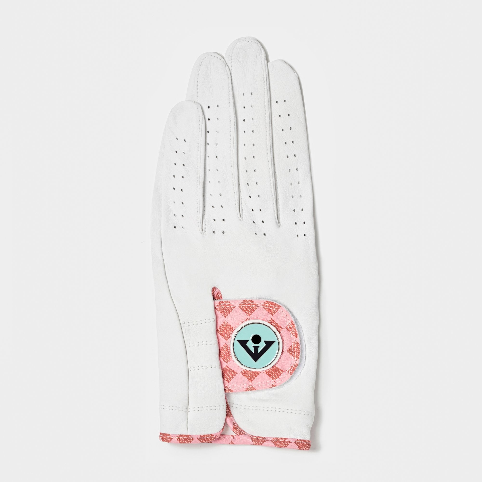 White golf glove with a pink and red checkered pattern on a light gray background