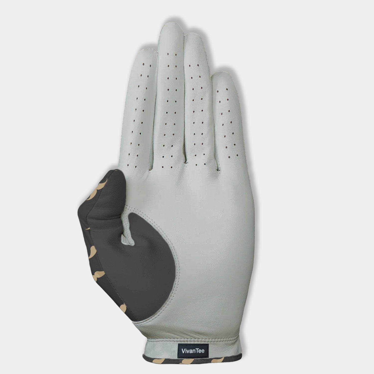 Bottom of Wooly-burg golf glove for women, charcoal and light grey colored golf glove.